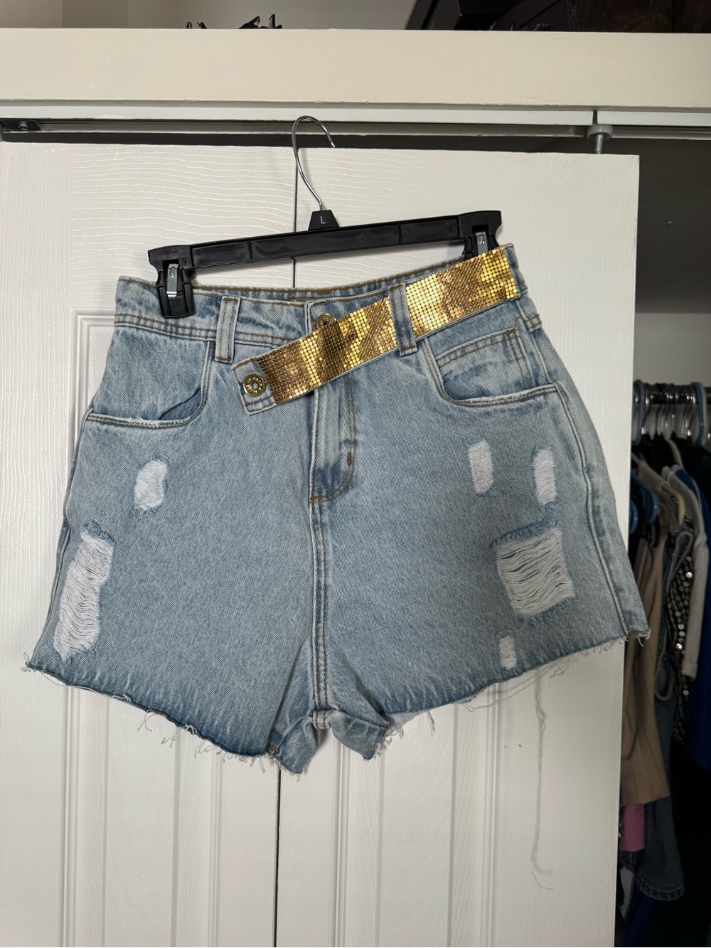 Light Blue Distressed High-Waist Denim Shorts with Gold Accent Belt